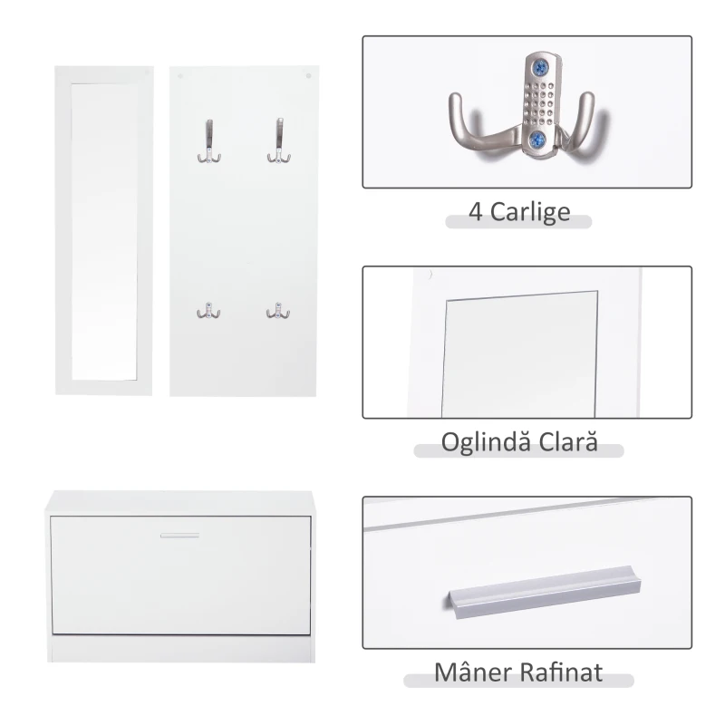 Homcom Set Hol 3‑in‑1 – Cuier, Oglinda si Scarpiera Alba Compacta(m-6)