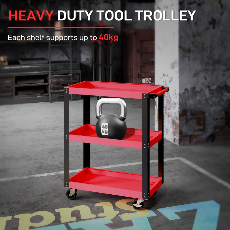 HOMCOM gereedschapswagen met 3 niveaus, metalen frame, 120 kg draagvermogen, wielen, handvat, rood