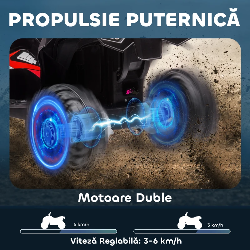 HOMCOM ATV 12V pentru copii cu cauciucuri late, masina, faruri LED, claxon, muzica, pentru 3-5 ani, rosu(m-5)