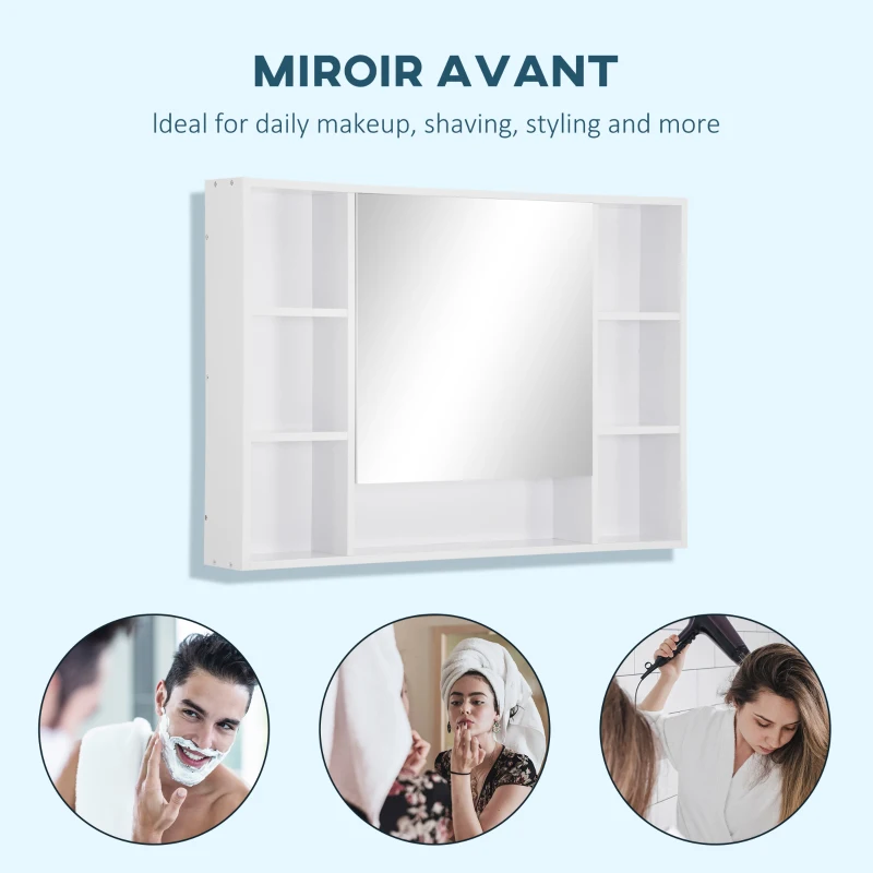 kleankin Armoire murale salle de bain avec miroir, meuble salle de bain, 7 étagères ouvertes et placard,100 x 15 x 70 cm, blanc