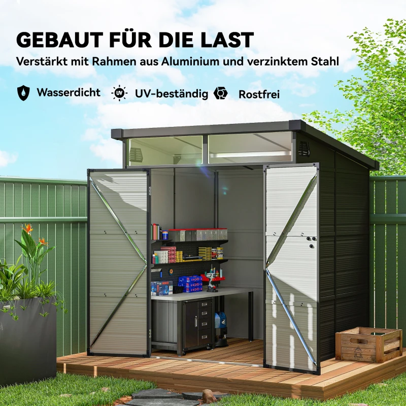 Outsunny 1,9 x 1,9 m Gartenschuppen, Werkzeugschuppen aus Kunststoff , verschließbare Türen, 2 Lüftungsöffnungen, Dunkelgrau(m-5)