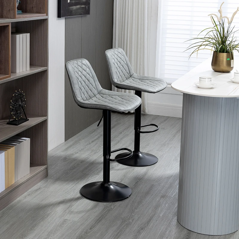 HOMCOM Set 2 Sgabelli da Bar Girevoli, Altezza Regolabile 86–106 cm, Pelle Sintetica, Schienale e Poggiapiedi, Grigio