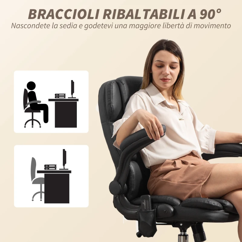 HOMCOM Poltrona da Ufficio Massaggiante a 4 Punti con Riscaldamento e Braccioli Ribaltabili, Nero