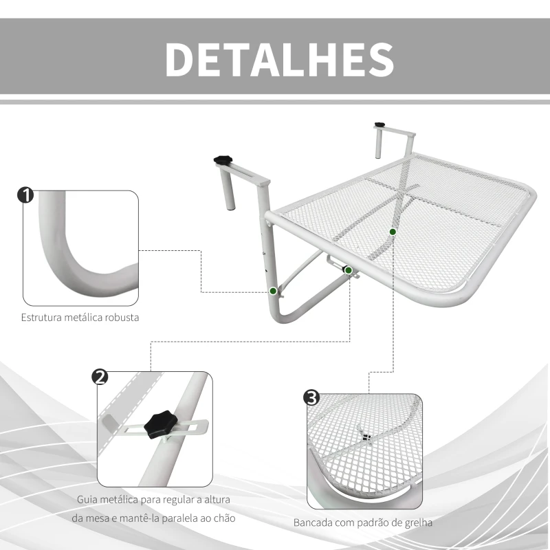 Outsunny Mesa Suspensa para Varanda com Braço e Altura Ajustável em 3 Posições Estrutura de Metal 60x56,5x45 cm Branco