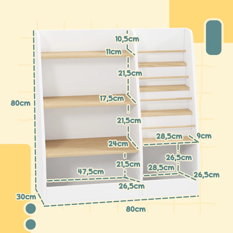 AIYAPLAY Estante para Livros Infantil com 4 Prateleiras e Compartimentos para Dormitório Escola Infantil 80x30x80 cm Branco