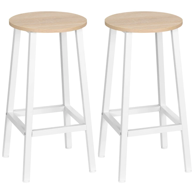 HOMCOM Juego de 2 Taburetes Altos de Cocina con Asiento de Melamina y Patas de Acero 32,5x32,5x65 cm Natural y Blanco