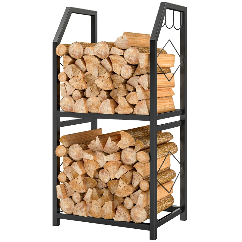 Outsunny Leñero interior/exterior 2 Niveles con 3 Ganchos – 41 x 30 x 81 cm, Negro