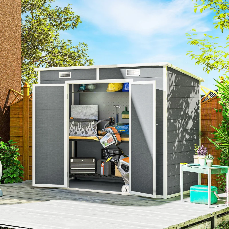 Outsunny 2,4 x 1,3 m Gartenschuppen, Kunststoff-Gartenhaus mit Boden, Fenster, verschließbare Türen, für Garten, Terrasse, Grau(m-2)
