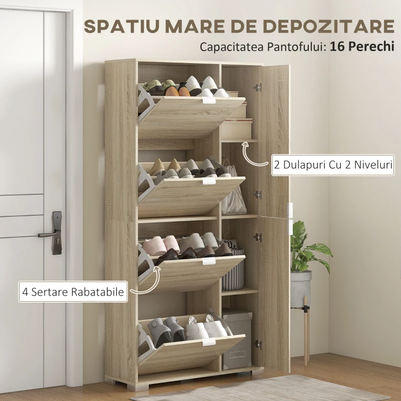 HOMCOM Etajeră pentru Pantofi cu Oglindă, 4 Sertare Rabatabile și 2 Dulapuri, 82x30x168 cm, Culoare Stejar(m-5)