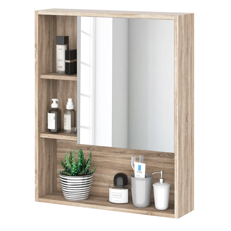 kleankin Armadietto Bagno a Specchio con Ripiani Regolabile, Specchio Bagno Contenitore con Porta Salvaspazio, Montaggio a Parete, 60x15x76 cm, Rovere