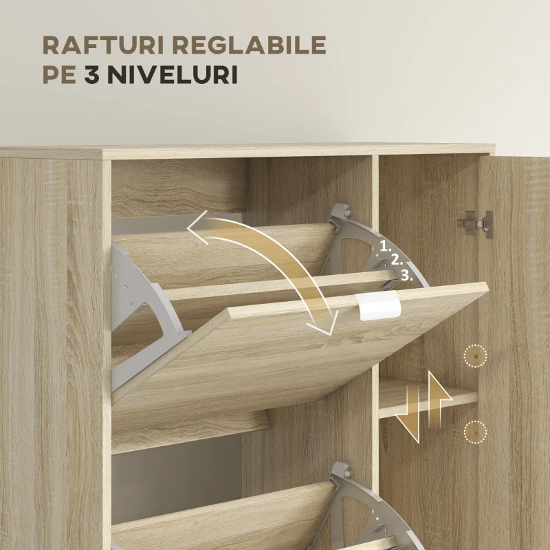 HOMCOM Etajeră pentru Pantofi cu Oglindă, 4 Sertare Rabatabile și 2 Dulapuri, 82x30x168 cm, Culoare Stejar(m-6)