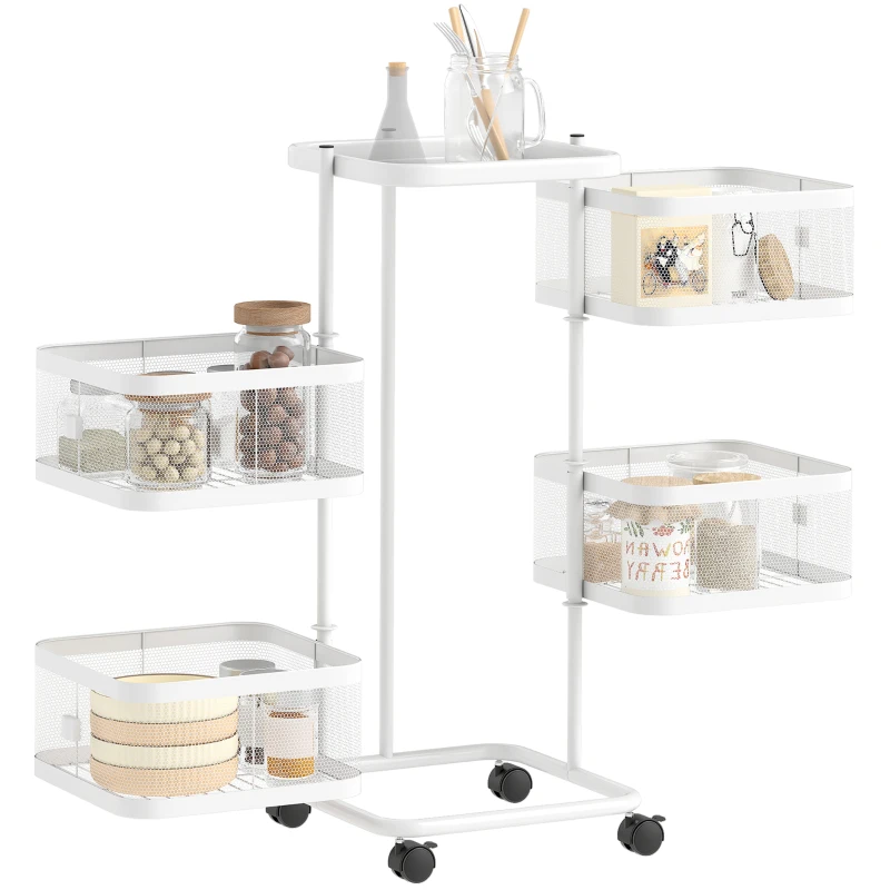 HOMCOM Carrito 4 cestas giratorias con ruedas y bandeja superior, 33x33x77 cm, blanco