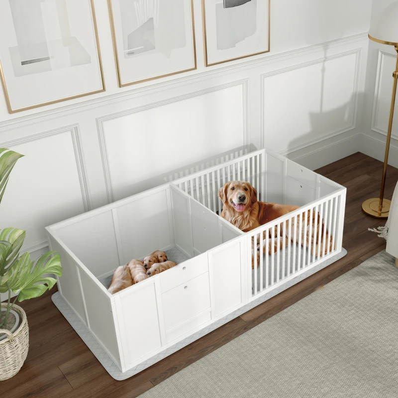 PawHut Werpbox voor Puppy's, met Ondermat, eenvoudig te reinigen, Hout, 166x80x50 cm, Wit(m-10)