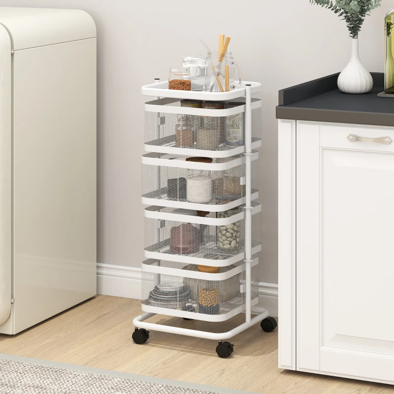 HOMCOM Carrito 4 cestas giratorias con ruedas y bandeja superior, 33x33x77 cm, blanco