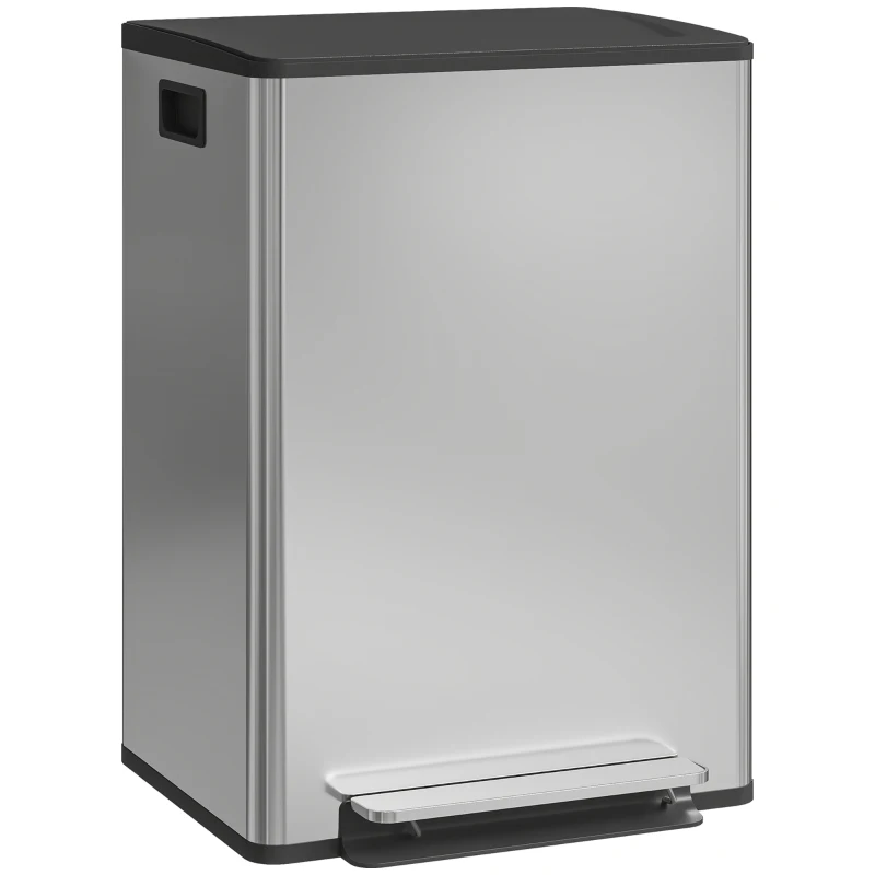 HOMCOM 60L Dual-Compartment Pedal Bin – Soft-Close Lid, Removable Inner Buckets, Silver