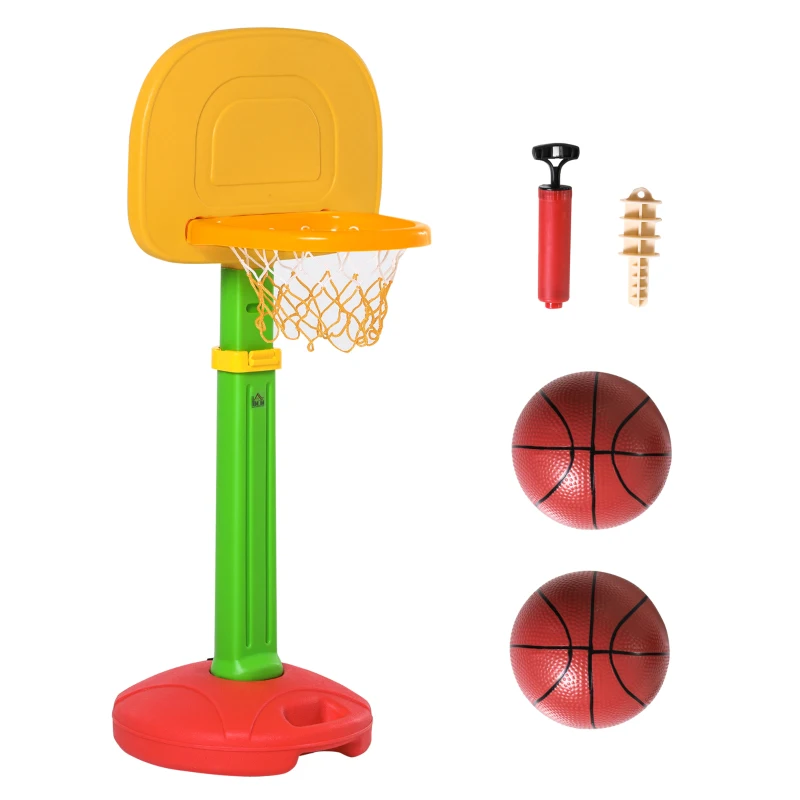 HOMCOM Canasta de Baloncesto Infantil con Altura Ajustable 2 Pelotas y Bomba de Aire para Niños +3 Años Juguetes Deportivos en Interiores y Exteriores 52,5x44x120-160 cm Multicolor