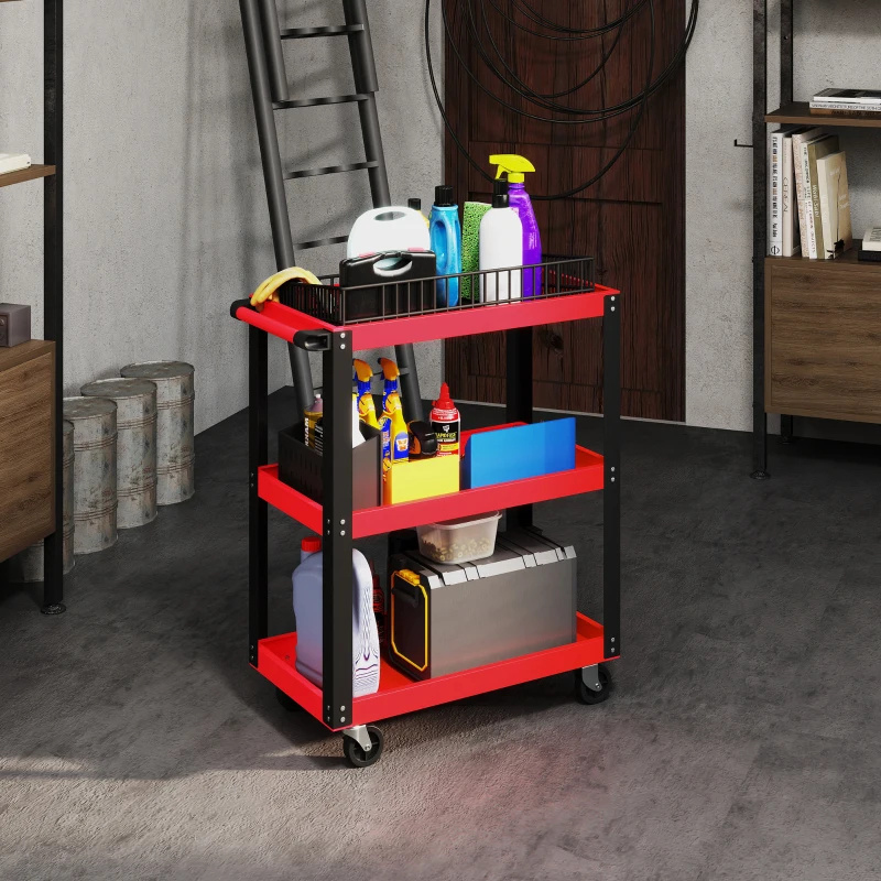 HOMCOM 3-Tier Workshop Tool Cart with Locking Wheels & Side Handle, 27.8 x 13.8 x 32.5 in — Red