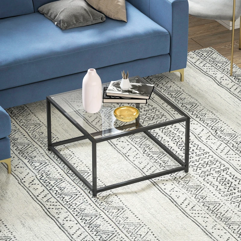 HOMCOM Square Coffee Table with Tempered Glass Top & Steel Legs, 26.8 x 26.8 x 15.4 in, Black