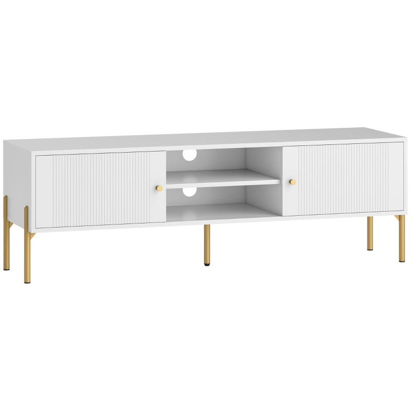 HOMCOM Modernes TV-Board – 2 Türen, 2 offene Fächer, Kabeldurchlass, für TV bis 65 Zoll, 140 x 38 x 45,9 cm, Weiß