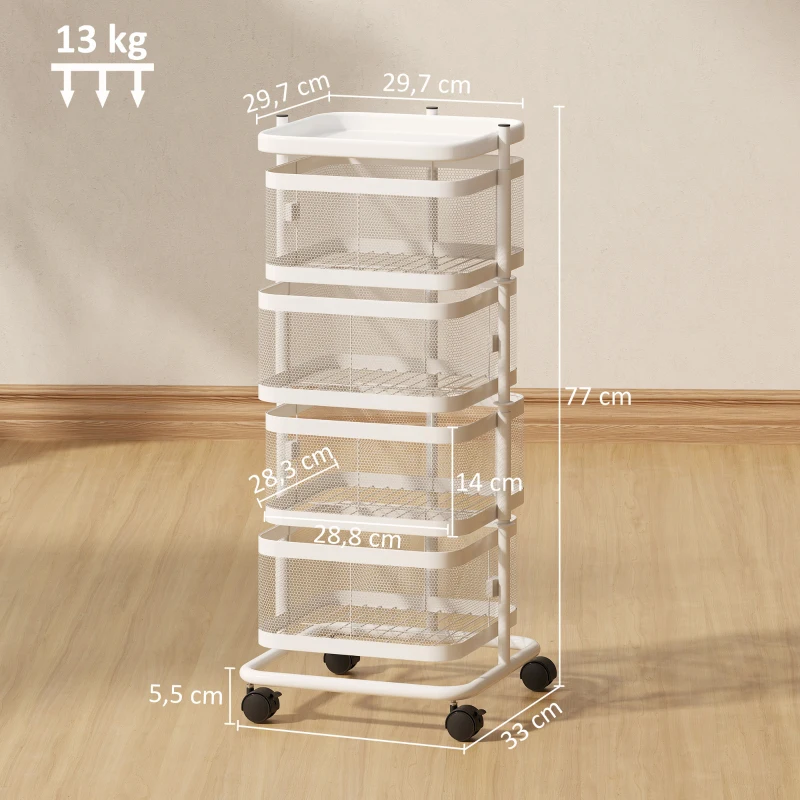 HOMCOM Carrito 4 cestas giratorias con ruedas y bandeja superior, 33x33x77 cm, blanco