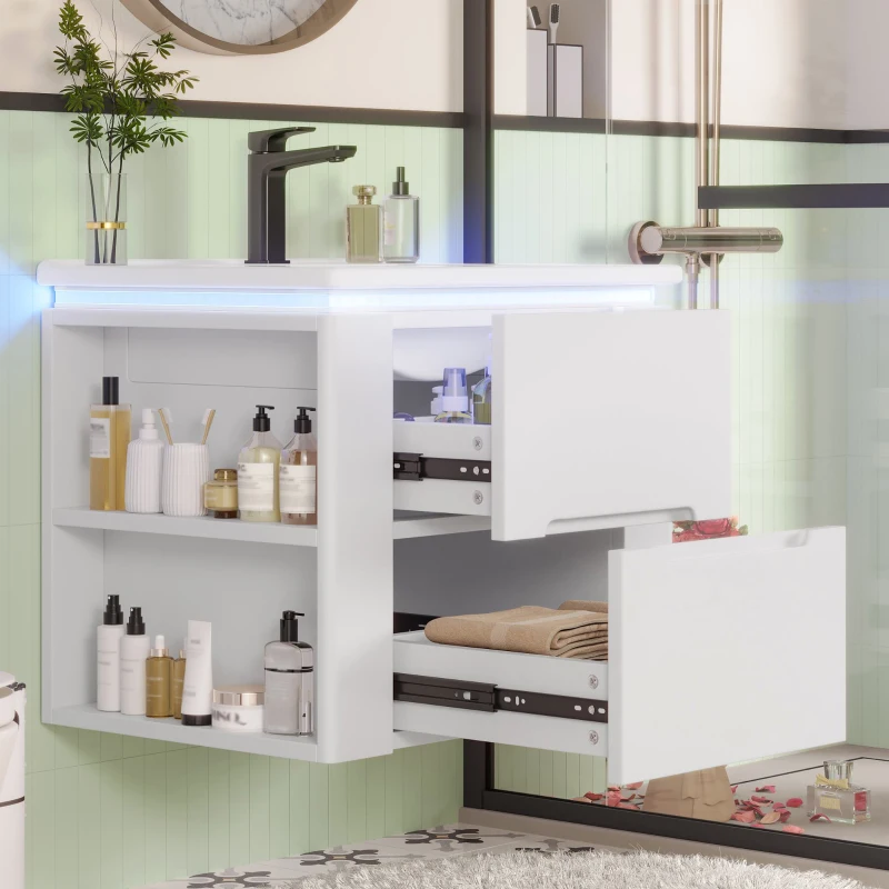 Badezimmerschrank Wand mit LED-Radarsensor-Beleuchtung 2 Schubladen seitlichen Ablagen 61cm Weiß