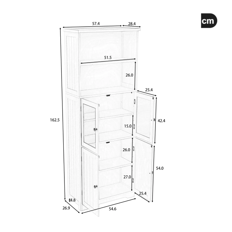 Badezimmer-Hochschrank mit Stauraum, Glasschranktür, Holzschranktür, verstellbare Trennwände, 57,4 x 28,4 x 162,5 cm, Weiß