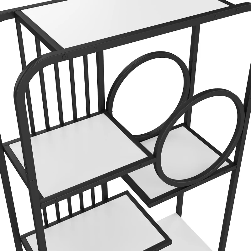 Metallregal mit drei Regalböden und runder Dekoration, weißer Lagerschrank mit Doppeltür, 80 x 30 x 180 cm, Weiß+Schwarz