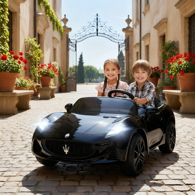 AIYAPLAY Coche Eléctrico Maserati para Niños, 2 Plazas, 12V, Control Parental, LED y Música, Negro