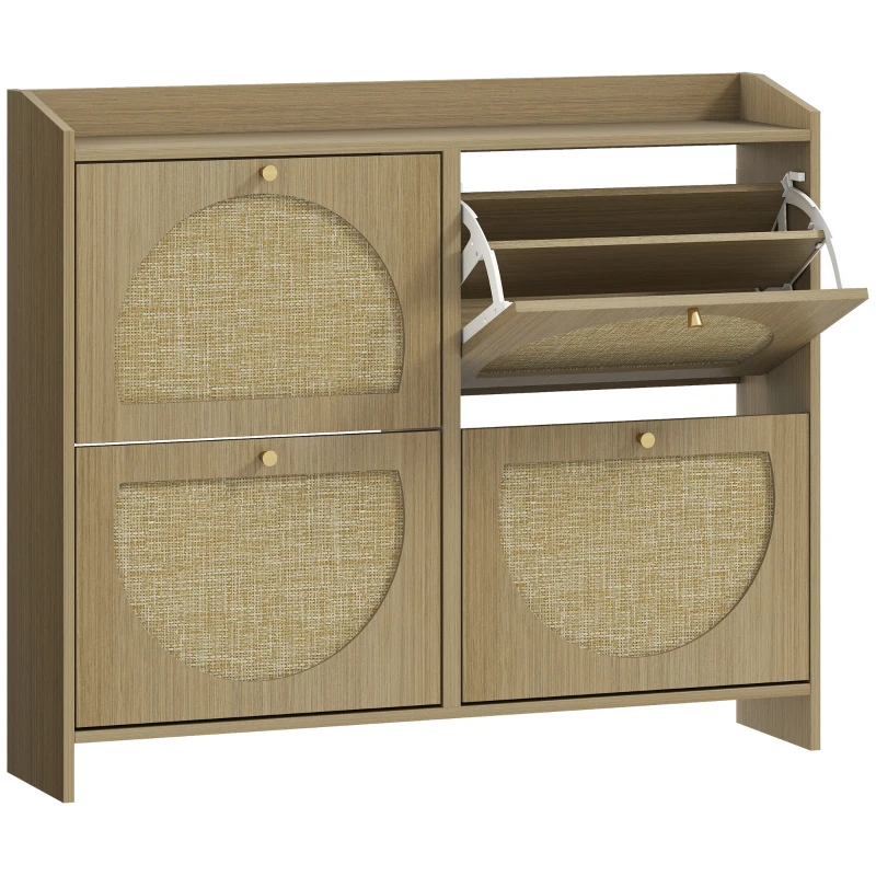 HOMCOM Zapatero Estrecho con 4 Puertas de Ratán con Estantes Ajustables para 16 Pares de Zapatos 104,5x24x88 cm Natural