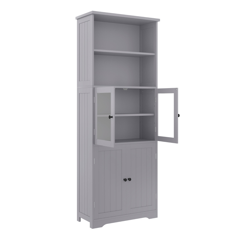 Badezimmer-Hochschrank mit Stauraum, Glasschranktür, Holzschranktür, verstellbare Trennwände, 57,4 x 28,4 x 162,5 cm, Grau