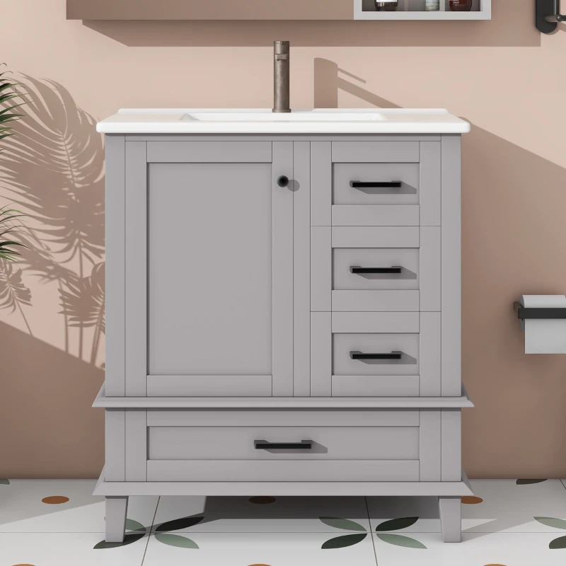 Bodenstehender Badezimmerschrank mit Waschbecken, vielfältiger Stauraum, 76 x 46 x 83,5 cm, Grau