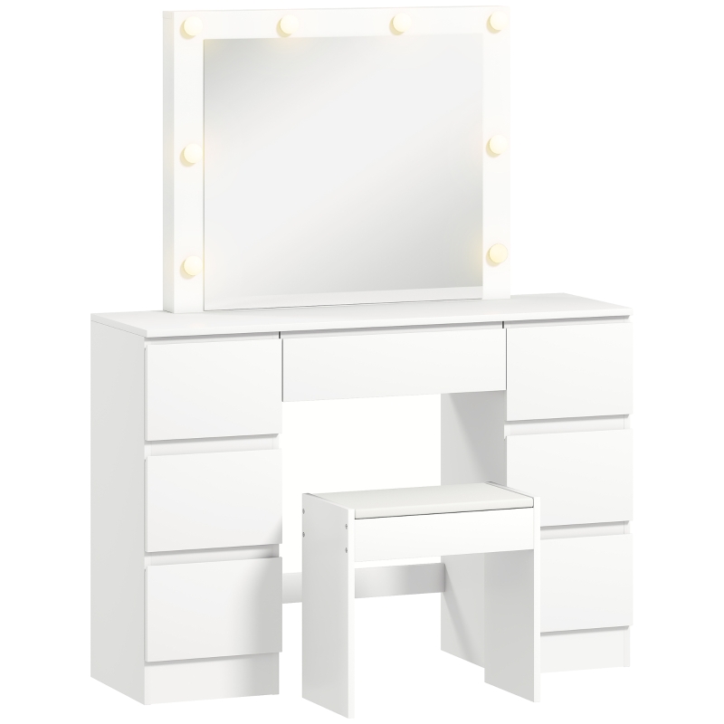 HOMCOM Toeletta Trucco con Specchio Stile Hollywood, 8 Luci LED, 7 Cassetti e Sgabello Imbottito, Bianco