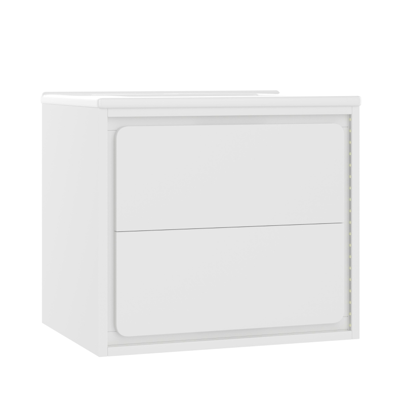 Wandhängender Badezimmerschrank mit LED-Radarsensor-Beleuchtung, zwei Schubladen und integriertem Keramikwaschbecken, 60 x 46 x 50 cm, Weiß