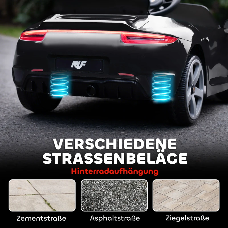 AIYAPLAY 12V Kinderauto | 2× motor | 2,4 GHz RC | Softstart & geveerd | MP3/USB en LED — Zwart
