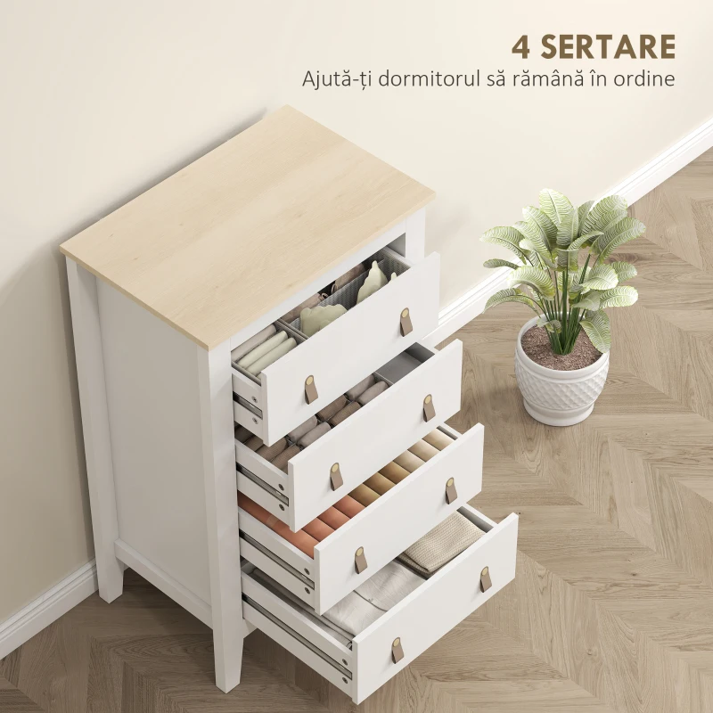 HOMCOM Comodă cu 4 Sertare și Mânere din Piele Ecologică Albă