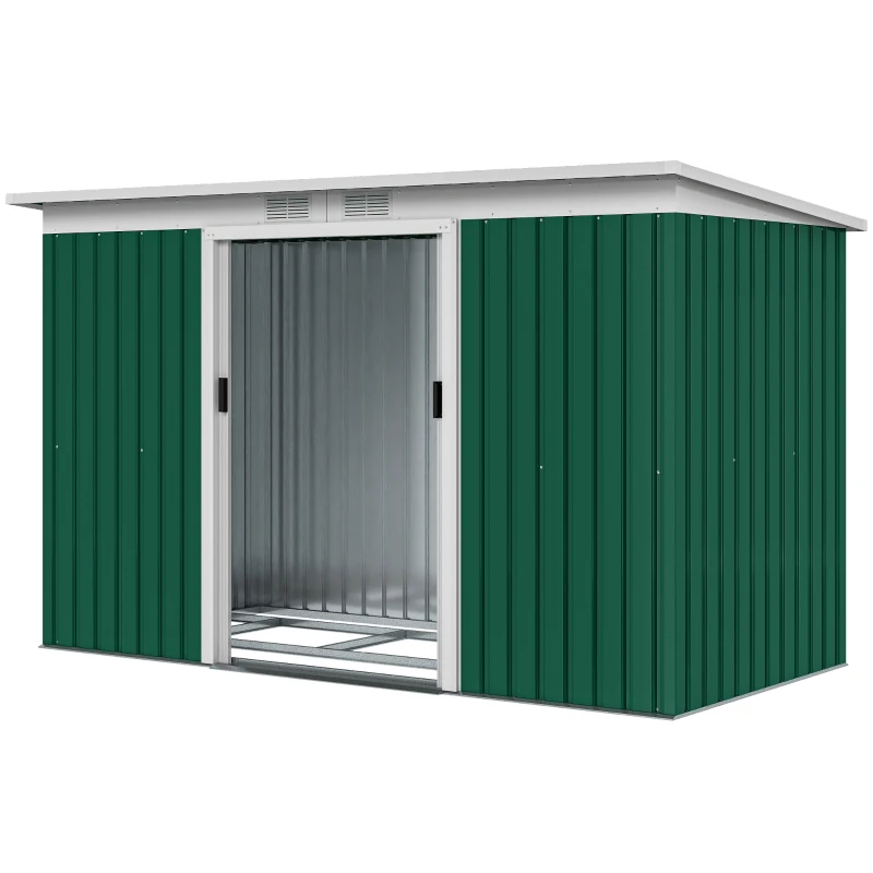 Outsunny 9ft x 4ft Metal Garden Shed, Outdoor Tool House with Foundation Kit, Ventilations and Double Doors, Deep Green