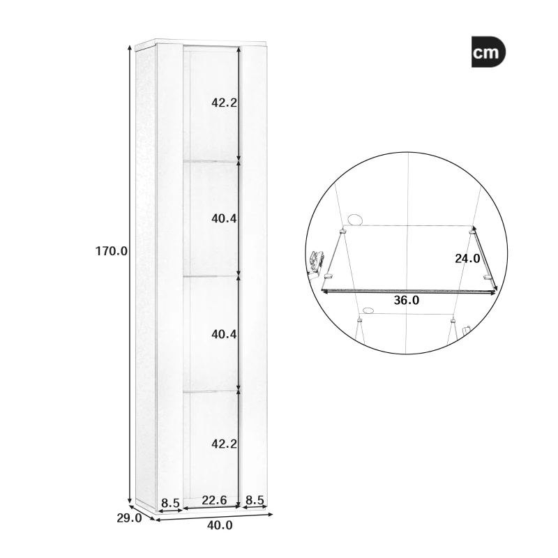 Multifunktionale Vitrine mit Glastrennwand, LED-Farbwechsellicht, 40 x 29 x 170 cm, Schwarz