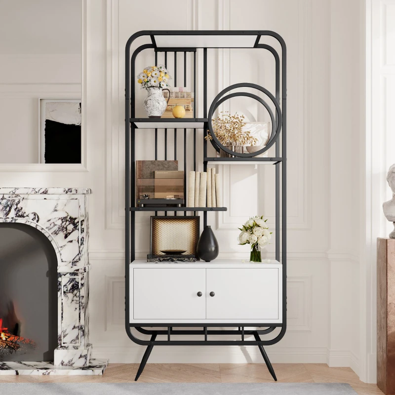 Metallregal mit drei Regalböden und runder Dekoration, weißer Lagerschrank mit Doppeltür, 80 x 30 x 180 cm, Weiß+Schwarz