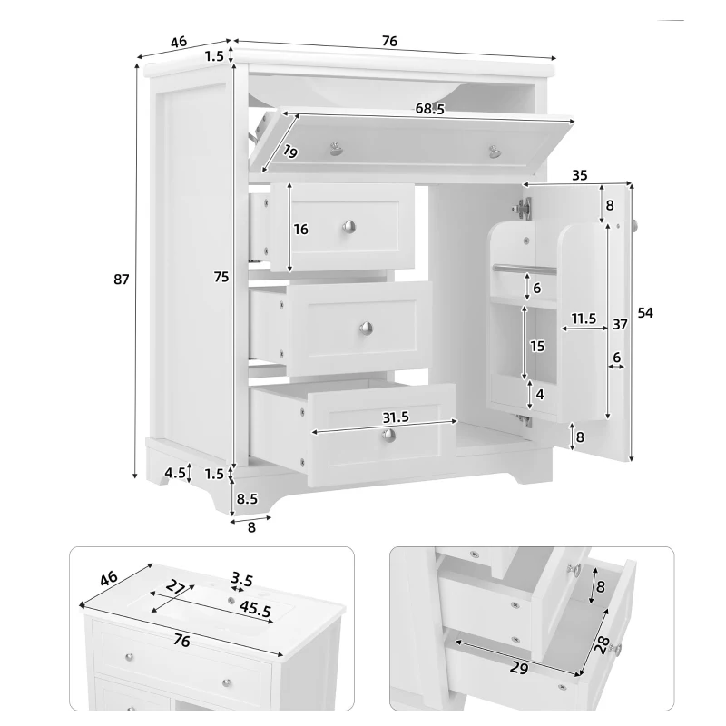 Bodenstehender Badezimmerschrank mit Waschbecken, 76 x 46 x 87 cm, Weiß