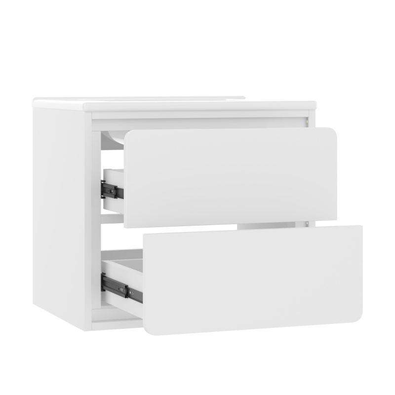 Wandhängender Badezimmerschrank mit LED-Radarsensor-Beleuchtung, zwei Schubladen und integriertem Keramikwaschbecken, 60 x 46 x 50 cm, Weiß