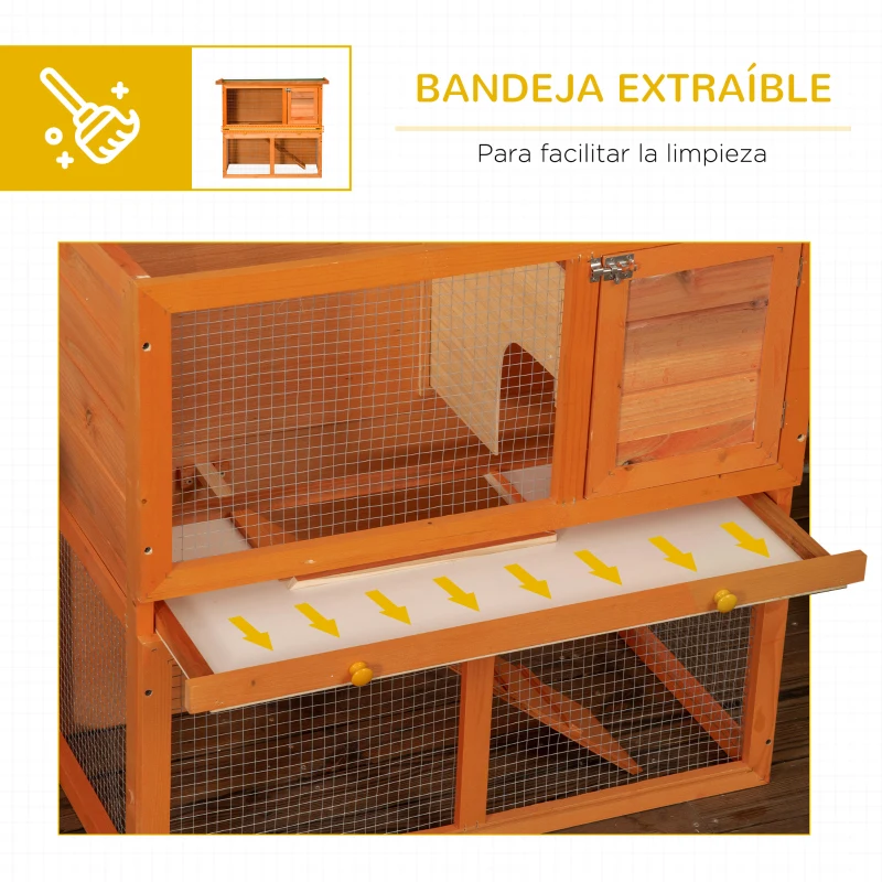 PawHut Conejera de Madera 90x45x80 cm Jaula para Conejos Jaula para Cobaya con Corral de Metal Techo Asfáltico Bandeja Extraíble y Rampa para Exterior Natural