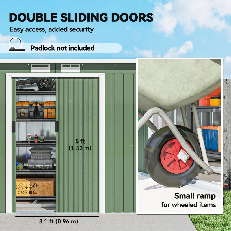 Outsunny 9ft x 4ft Metal Garden Shed, Outdoor Tool House with Foundation Kit, Ventilations and Double Doors, Light Green