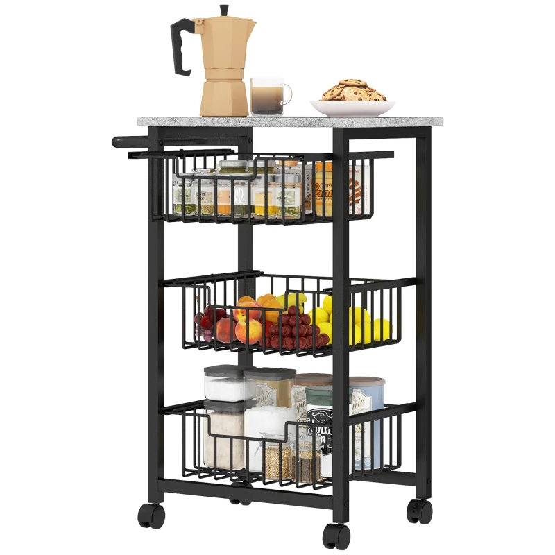 HOMCOM Chariot de rangement à 4 niveaux, desserte à roulettes, 3 paniers coulissants et plateau, 49,5x31x69cm, gris clair noir