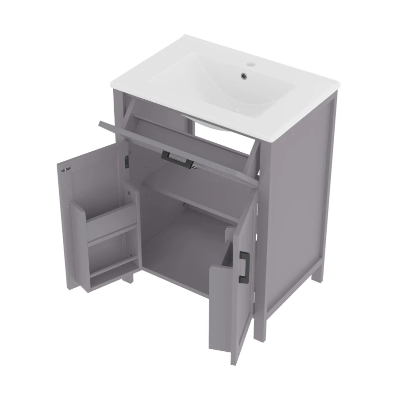 Armario de baño independiente con lavabo, estantes de doble puerta, cajones prácticos, estantes ajustables, 60x46x84,8 cm, Gris