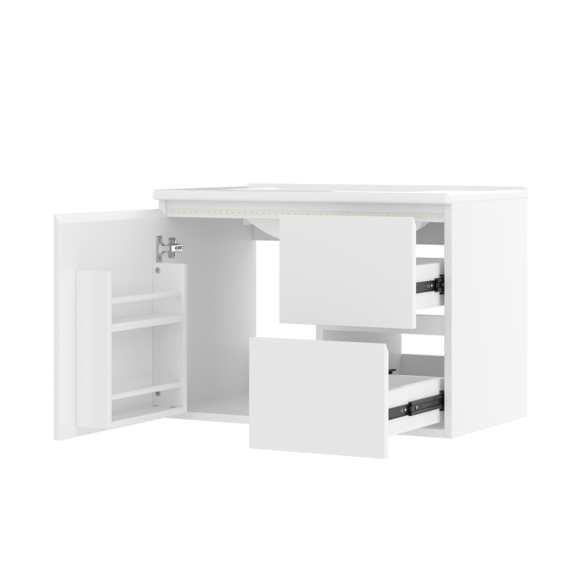 Wandhängender Badezimmerschrank mit LED-Radarsensor-Beleuchtung, zwei Schubladen und integriertem Keramikwaschbecken, 76x 46 x 50 cm, Weiß