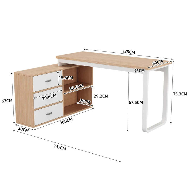 Schlichter Schreibtisch mit drei Schubladen und zwei offenen Ablagefächern, 147 x 100 x 75,3 cm, Naturfarbe