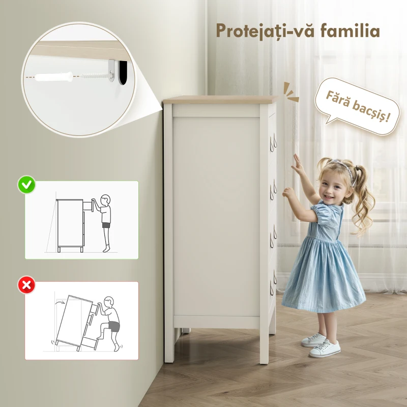HOMCOM Comodă cu 4 Sertare și Mânere din Piele Ecologică Albă