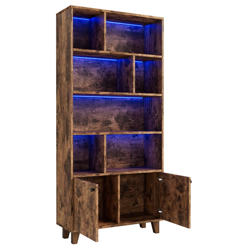 Bücherregal mit LED-Farbwechsel-Ambientelicht, Doppeltüren und mehreren Ablagefächer 80cm für Bücherkammer Braun