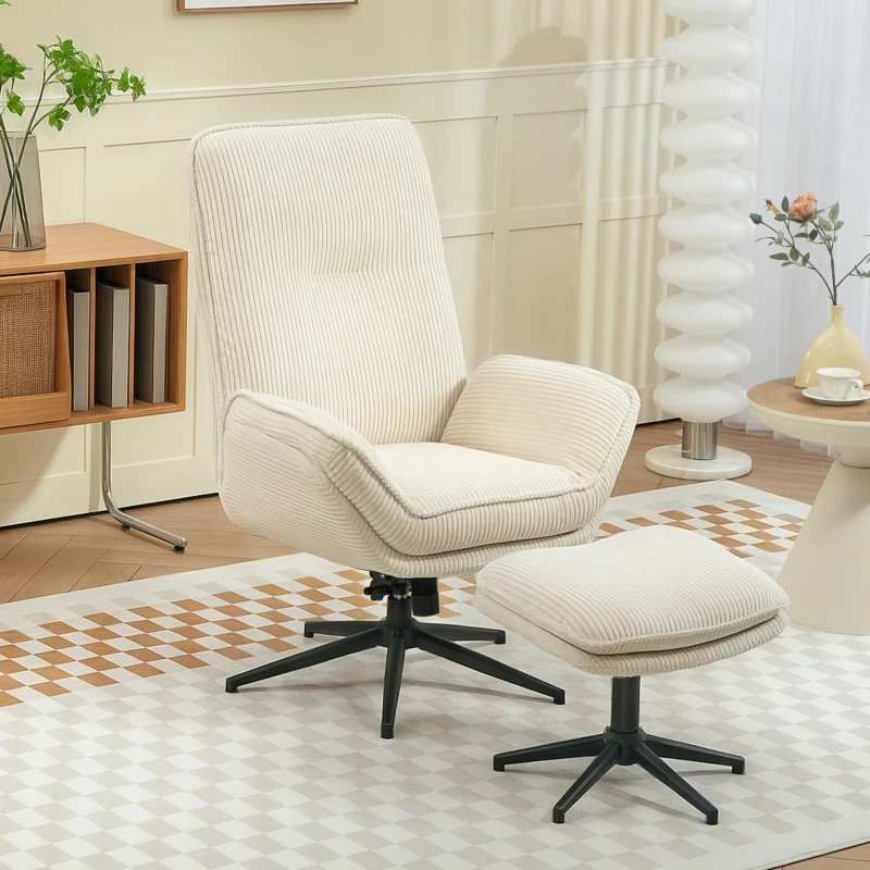 HOMCOM Draaibare Gestoffeerde Fauteuil met Voetenbank, Modern Relaxfauteuil voor Woonkamer, Slaapkamer, Thuiskantoor, Beige