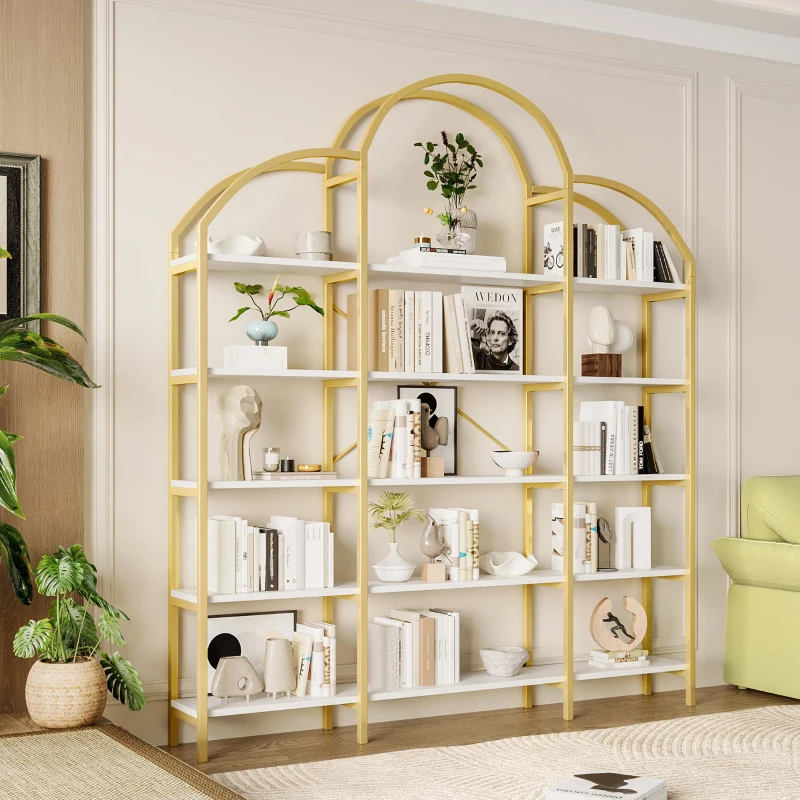 Estantería de estilo sencillo, cinco niveles de almacenamiento, forma única de nube, 170x26x190 cm, Oro + Blanco